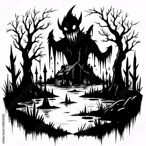 Chilling Haunted House in Spooky Swamp with Creepy Shadow Monster