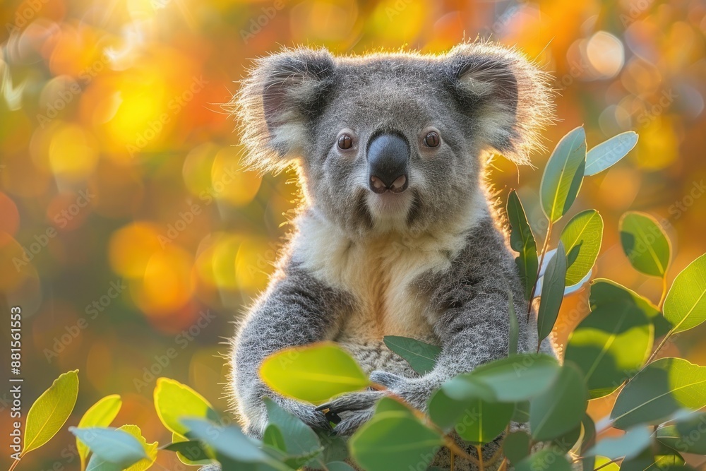 Fototapeta premium Koala Bear Perched on Eucalyptus Branch in Australian Bushland, Surrounded by Soothing Gum Leaf Scent.