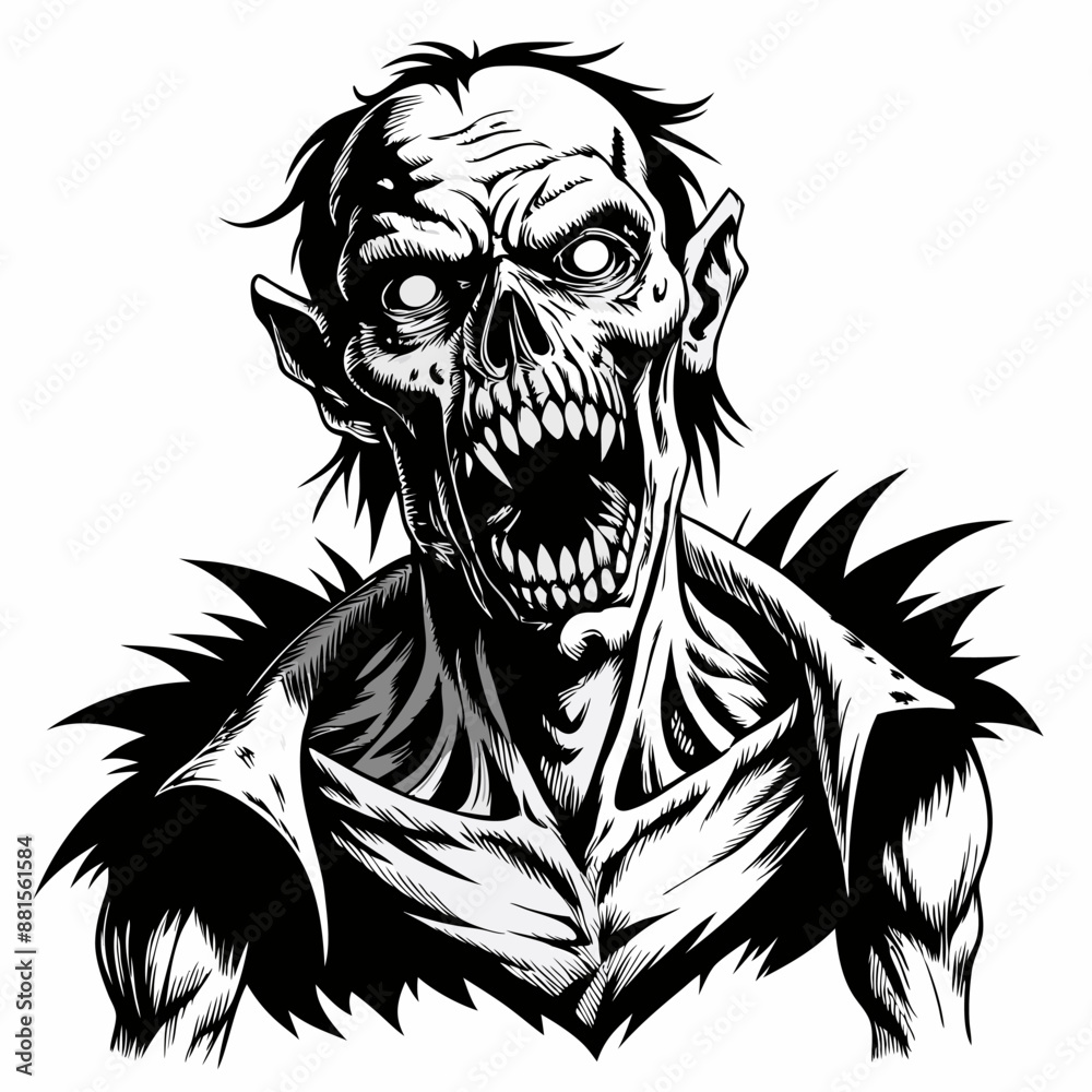 Black and White Illustration of a Screaming Zombie with Detached Flesh Black and White Illustration of a Screaming Zombie with Detached Flesh