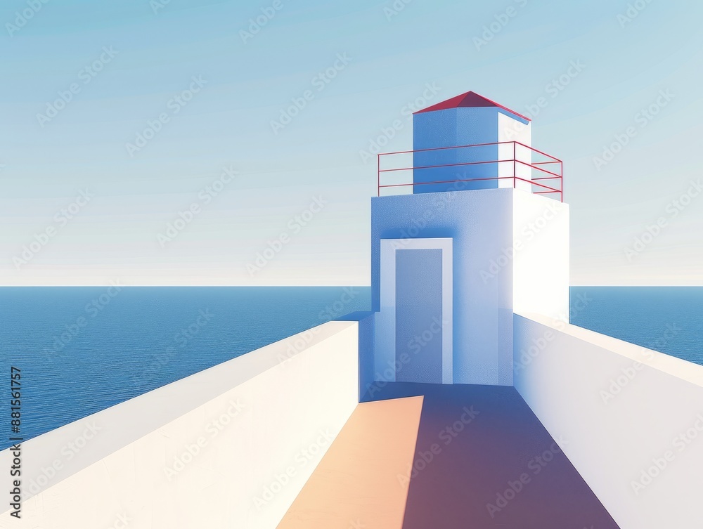 A Mediterranean-style building, a lighthouse with a round red roof, over the water. A Mediterranean-style building, a lighthouse with a round red roof, over the water.