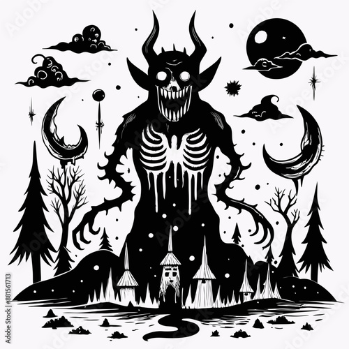 Monstrous Figure in a Spooky Forest Against the Night Sky