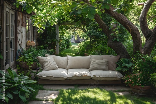 A cozy couch nestled under lush green trees in a serene backyard setting.