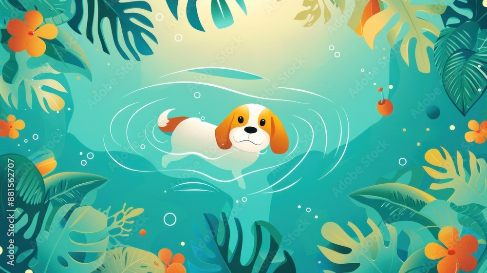 Fototapeta premium A vibrant flat design illustration depicting a cute dog swimming in a pool on a sunny summer afternoon. The pool is crystal clear with gentle waves, and the dog is playfully paddling. Surrounding the