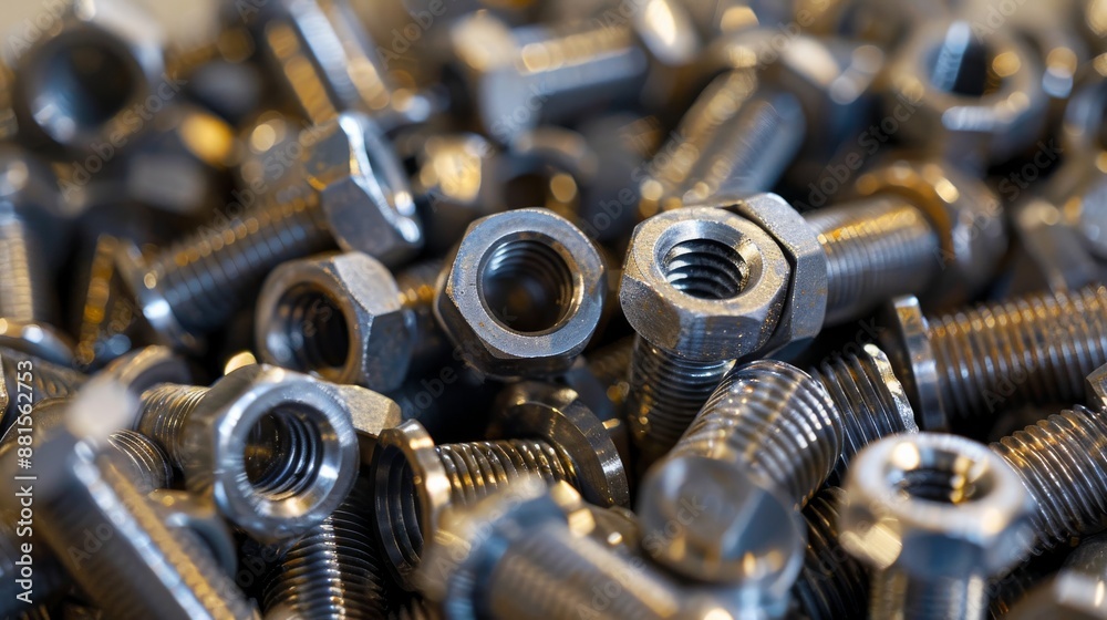 Precision Engineering: Close-Up of a Pile of Assorted Bolts and Nuts, Showcasing Various Sizes and Threads. Precision Engineering: Close-Up of a Pile of Assorted Bolts and Nuts, Showcasing Various Sizes and Threads.