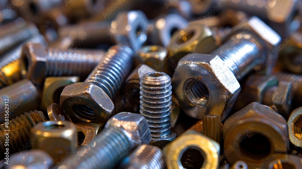 Precision Engineering: Close-Up of a Pile of Assorted Bolts and Nuts, Showcasing Various Sizes and Threads. Precision Engineering: Close-Up of a Pile of Assorted Bolts and Nuts, Showcasing Various Sizes and Threads.