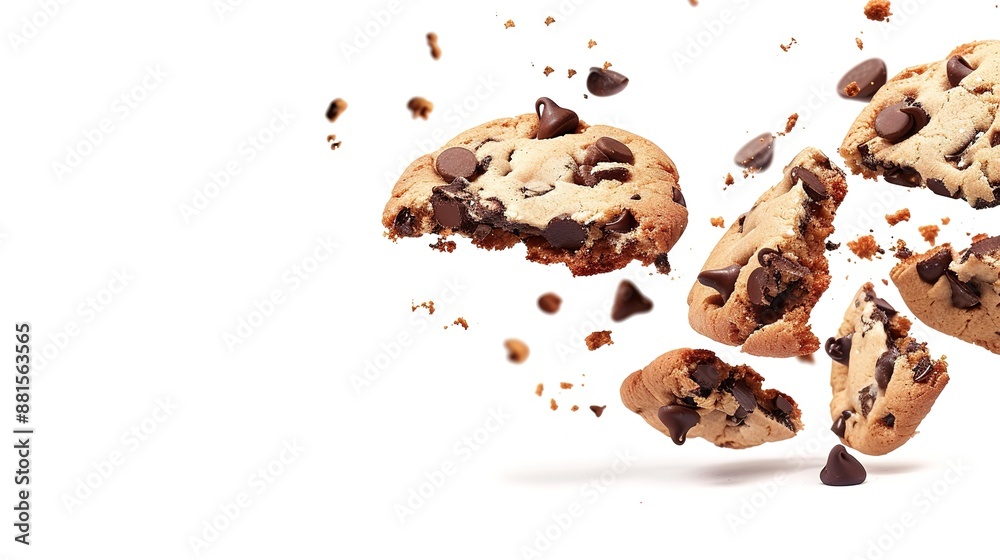 Fototapeta premium Flying Broken Chocolate Chip Cookie on White Background