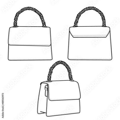 Women handbags. Top handle bag flat sketch fashion illustration drawing template mock-up. Front, back, and side view. Isolated on a white background.