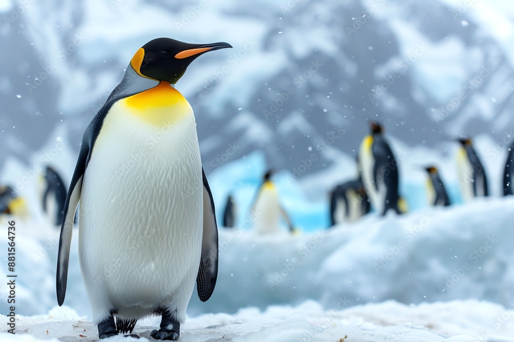 Fototapeta premium Close-up of a group of penguins standing on snowy terrain with a mountainous backdrop, capturing the serene beauty of their icy habitat.