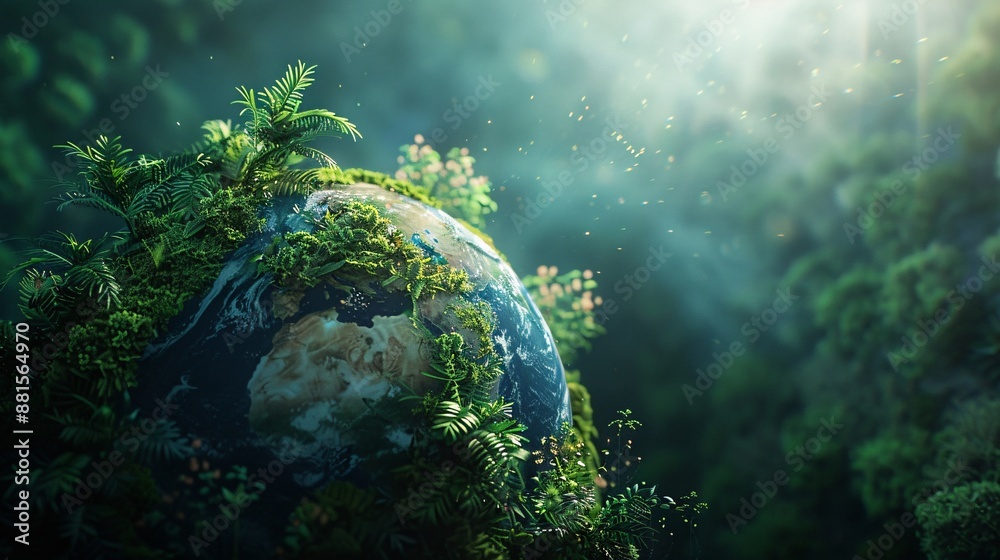 a visual representation of a lush, green planet with thriving plants and sunlight filtering in, promoting the concept of sustainability a visual representation of a lush, green planet with thriving plants and sunlight filtering in, promoting the concept of sustainability