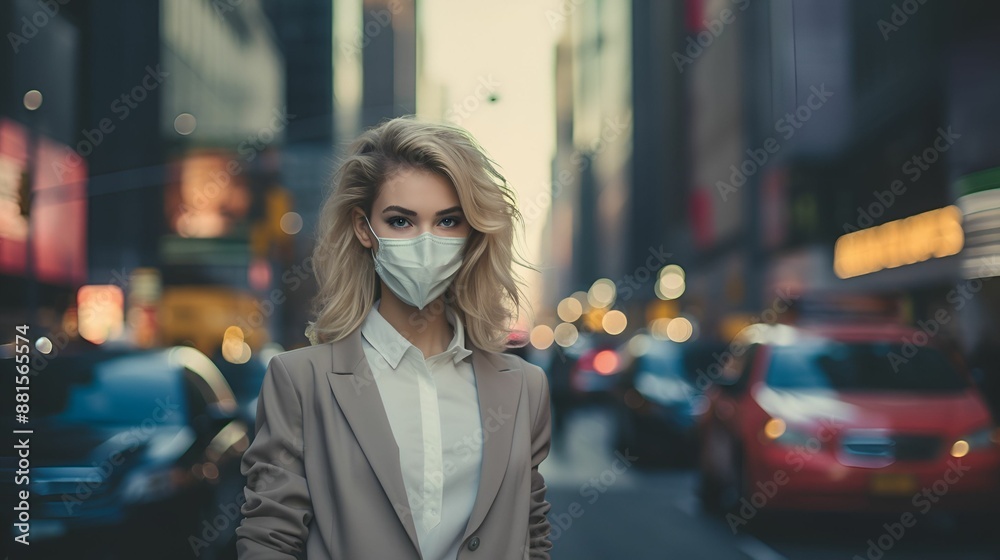 Obraz premium Businesswoman wearing a mask in a bustling city street.