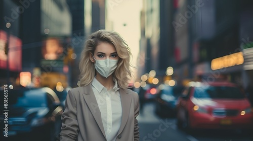 Businesswoman wearing a mask in a bustling city street.