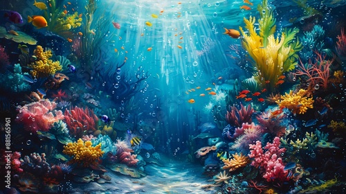 a mesmerizing painting of deep sea life underwater, featuring colorful fish, corals, and mysterious creatures in their natural habitat.
