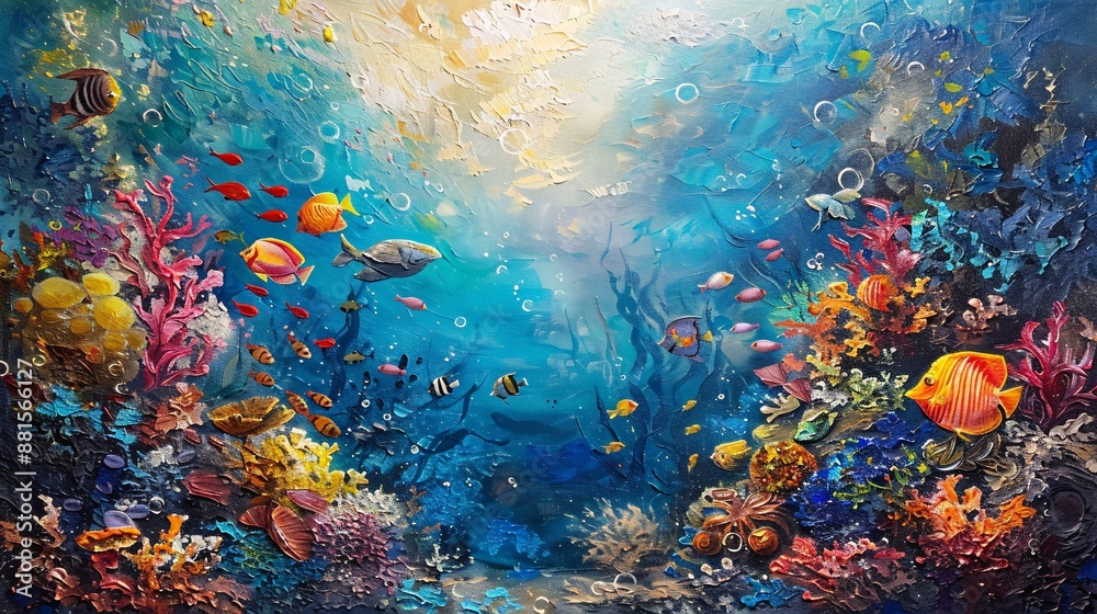 an underwater painting depicting deep sea life with vibrant marine creatures, showcasing the beauty and diversity of ocean ecosystems an underwater painting depicting deep sea life with vibrant marine creatures, showcasing the beauty and diversity of ocean ecosystems