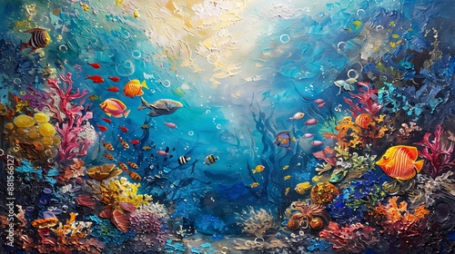 an underwater painting depicting deep sea life with vibrant marine creatures, showcasing the beauty and diversity of ocean ecosystems