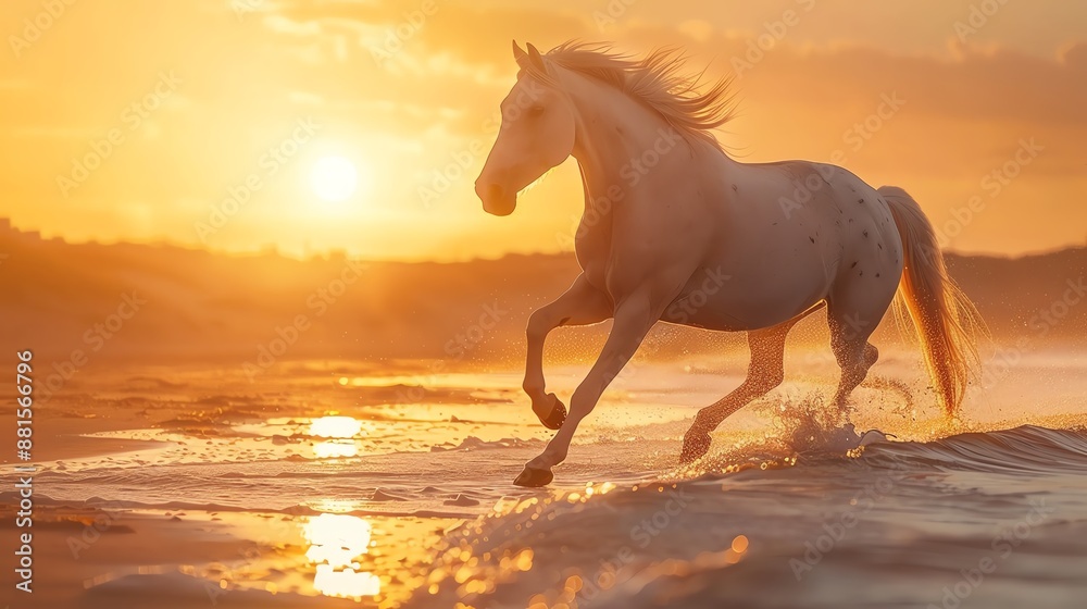 White horse galloping through the water at sunset, creating a stunning scene with warm light and splashing waves.