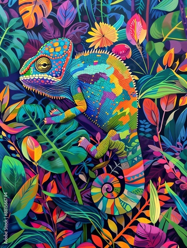 Vibrant colorful chameleon blending into vivid tropical foliage, showcasing nature's camouflage and intricate patterns.