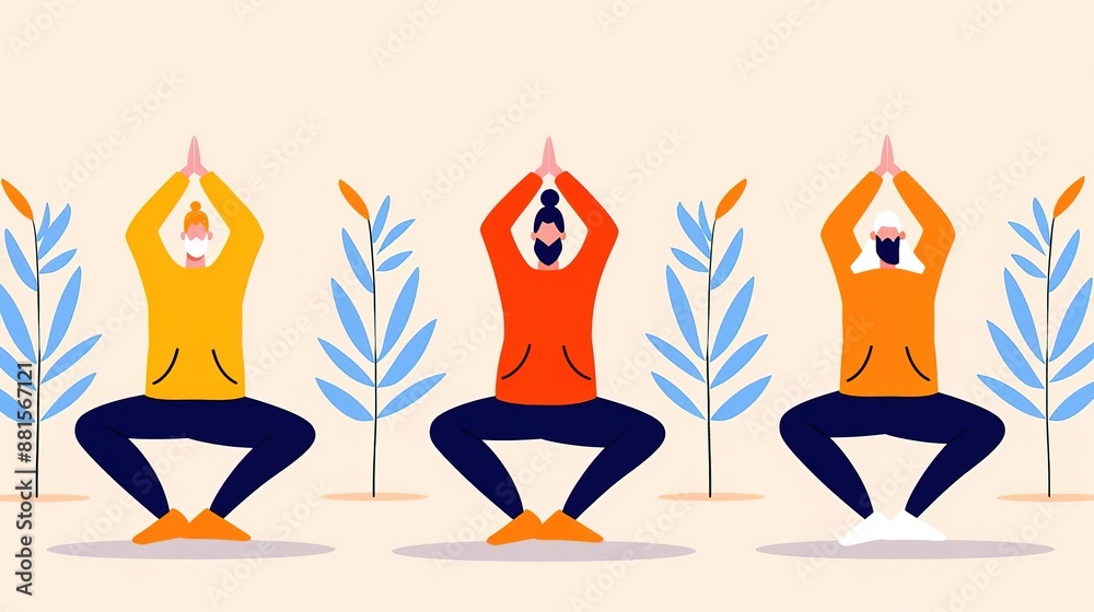 Four people in yoga poses wearing face masks, practicing mindfulness and wellness outdoors. Four people in yoga poses wearing face masks, practicing mindfulness and wellness outdoors.