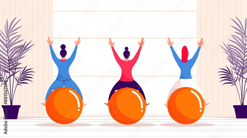 Fototapeta premium Three women doing exercise on fitness balls in office.