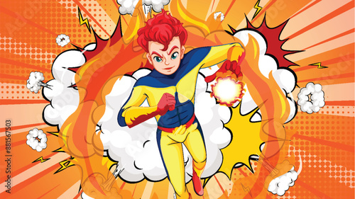 Dynamic superhero flying through explosive background