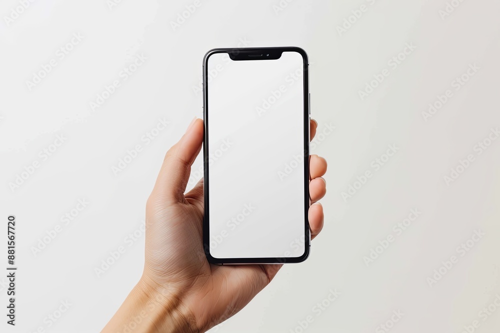 Smartphone mockup on hand with white blank screen created with Generative AI Smartphone mockup on hand with white blank screen created with Generative AI
