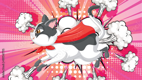 A cat flying with a red cape