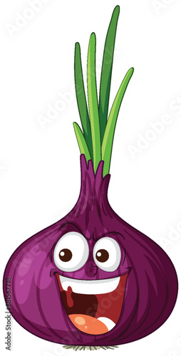 Smiling purple onion with green leaves