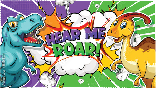 Two dinosaurs in a colorful comic scene