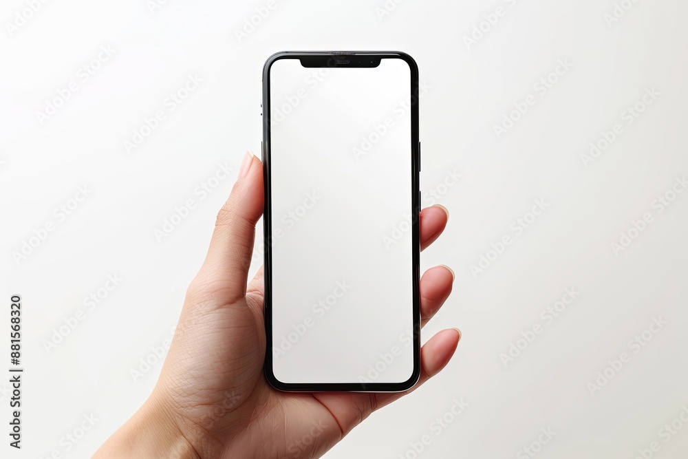 Smartphone mockup on hand with white blank screen created with Generative AI Smartphone mockup on hand with white blank screen created with Generative AI
