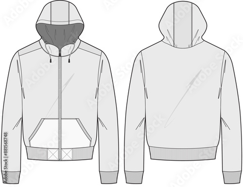 Hooded jacket technical CAD fashion illustration front and back views	