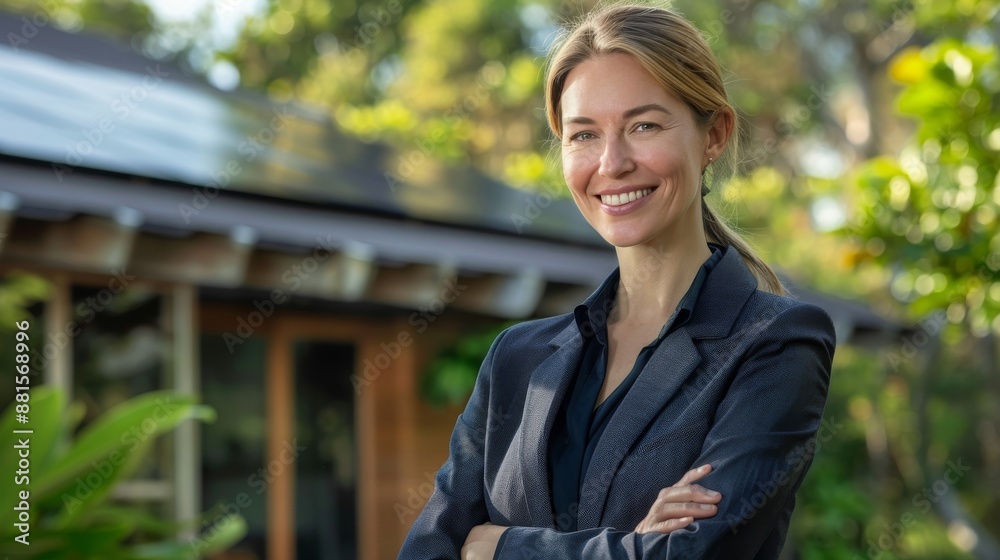 Renewable Success: Smiling Businesswoman Standing in Front of a House with Photovoltaic Panels on the Roof. Renewable Success: Smiling Businesswoman Standing in Front of a House with Photovoltaic Panels on the Roof.