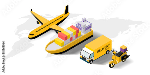 Online delivery service on mobile, Global logistic, transportation. Online order. Air freight logistics. airplane, warehouse and parcel box. Concept for website or banner. Isometric Vector illustratio