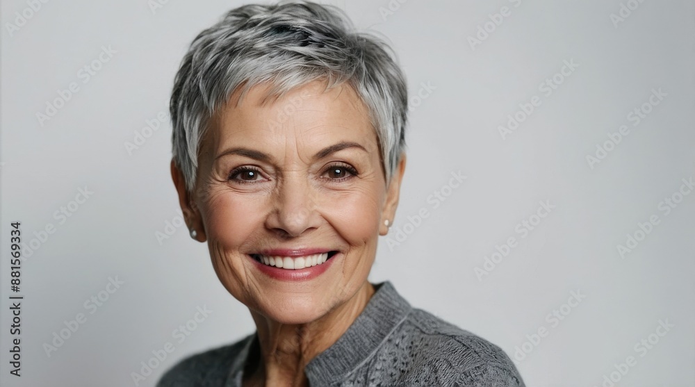 Portrait of beautiful white caucasian senior woman short pixie hair cut in front of white studio background Portrait of beautiful white caucasian senior woman short pixie hair cut in front of white studio background