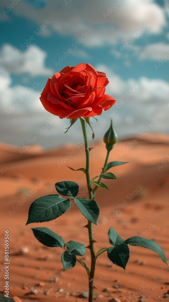 A single rose blooming in the middle of a barren desert, surrounded by endless sand dunes, symbolizing resilience and hope A single rose blooming in the middle of a barren desert, surrounded by endless sand dunes, symbolizing resilience and hope