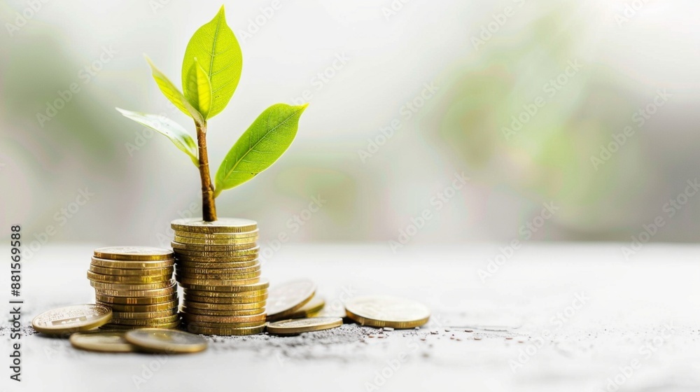 Green plant sprouting from a stack of coins, representing investment and prosperity. Green plant sprouting from a stack of coins, representing investment and prosperity.