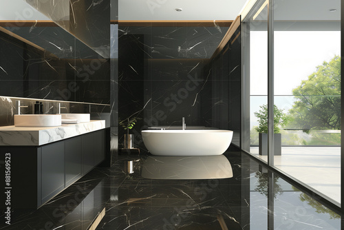 Modern Elegance: Nero Marquina Marble Bathroom - Vanity Top and Wall Cladding, Sleek Fixtures - Perfect for Contemporary Homes