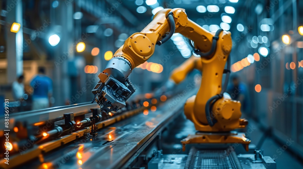 a visual representation of industrial automation with a robotic arm on an assembly line in a manufacturing facility, showcasing efficiency and technology.