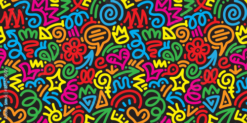fun colorful line doodle seamless pattern. Creative abstract art background collection for children or festive celebration design. Simple childish scribble wallpaper print texture bundle.