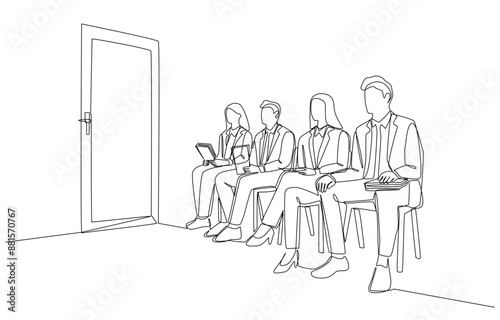 Continuous one line drawing of job applicants waiting outside interview room, job interview concept, single line art.
