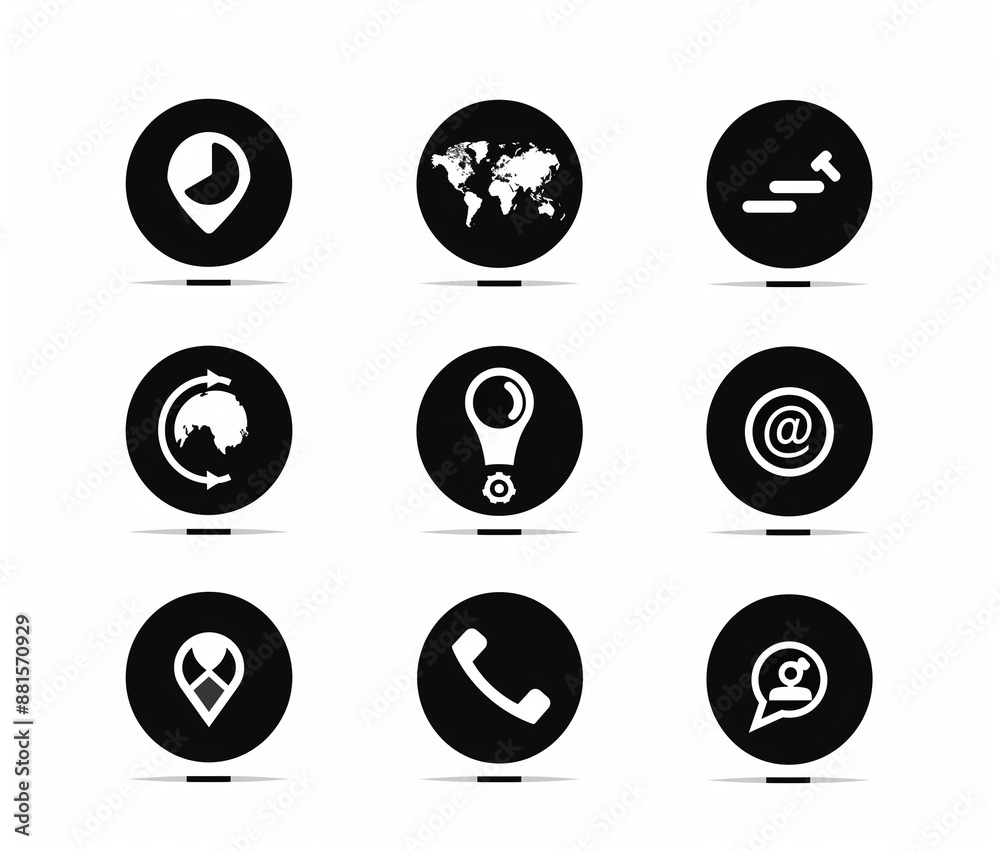 A set of black and white icons for contact information, such as phone number or website icon, on circular shapes with simple lines. The design is a flat vector illustration with rounded corners. It in A set of black and white icons for contact information, such as phone number or website icon, on circular shapes with simple lines. The design is a flat vector illustration with rounded corners. It in