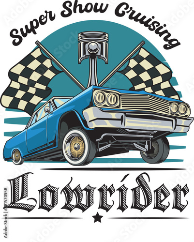 Vector Illustration of Lowrider Car, Racing Flags and Piston with Vintage Illustration Available for Tshirt Design