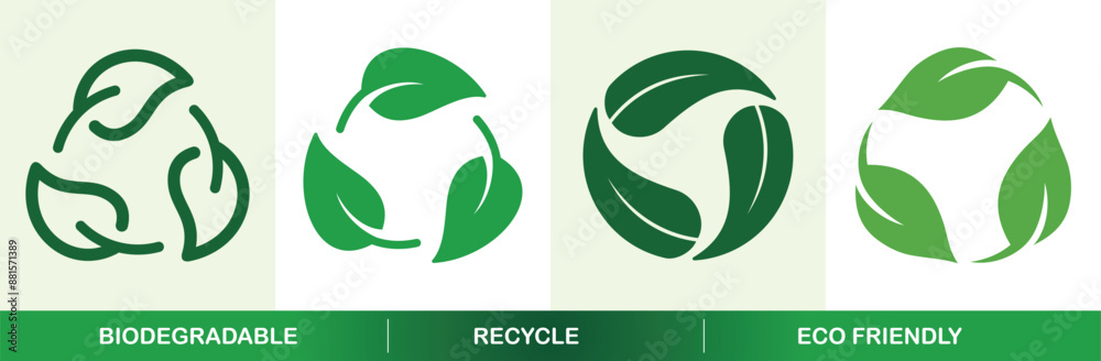 Fototapeta premium Set of green leaf recycle and biodegradable icons, vector