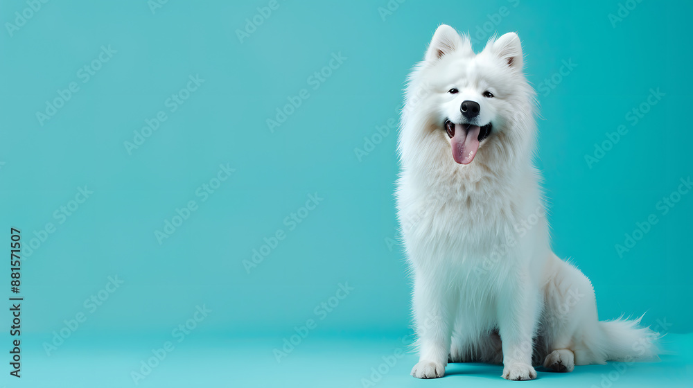 A full body of a fluffy Samoyed dog sitting against a turquoise background, smiling and looking directly at the camera with copy space. A full body of a fluffy Samoyed dog sitting against a turquoise background, smiling and looking directly at the camera with copy space.