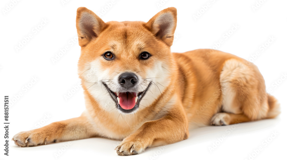 An adorable Shiba Inu dog is posing happily lying down, showcasing its cheerful and playful personality on a white background 柴犬 An adorable Shiba Inu dog is posing happily lying down, showcasing its cheerful and playful personality on a white background 柴犬