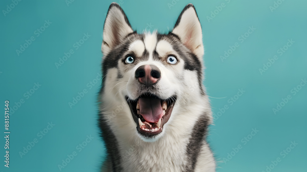 Obraz premium A close-up of a cute Siberian husky dog with expressive eyes and curious expression highlights its playful nature on a turquoise background シベリアンハスキー