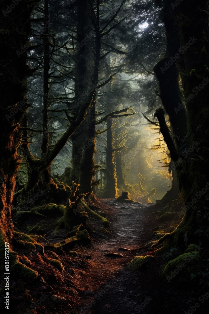 Obraz premium Enchanted forest path through dark woods with glowing light