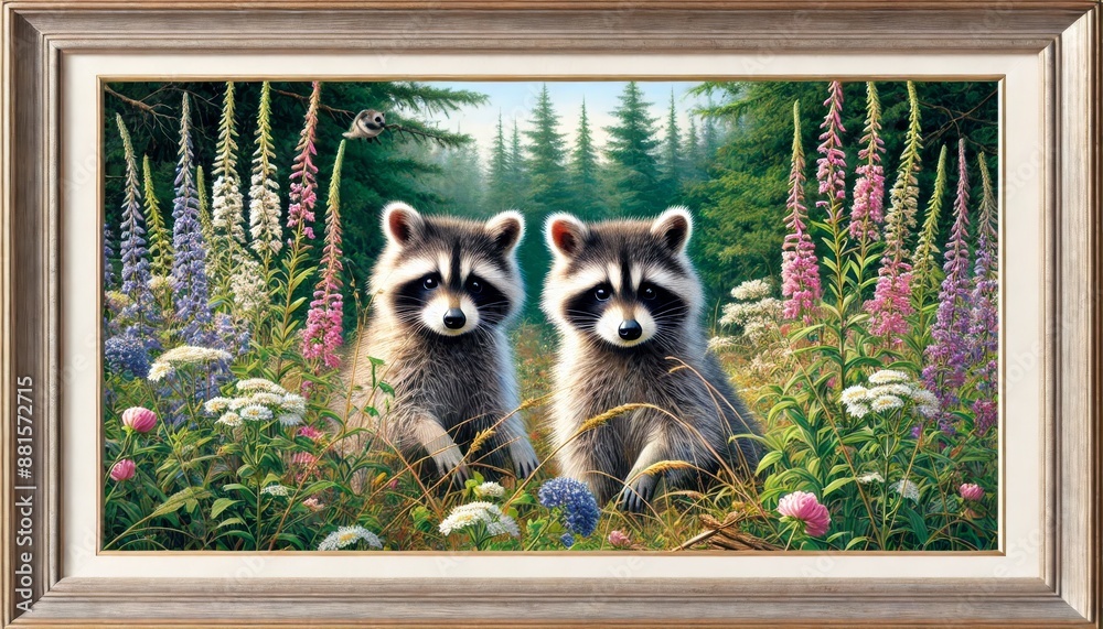Fototapeta premium Two raccoons peeking through tall wildflowers in a natural setting.