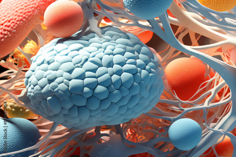 Microscopic view of a brain tumor surrounded by healthy cells and ...