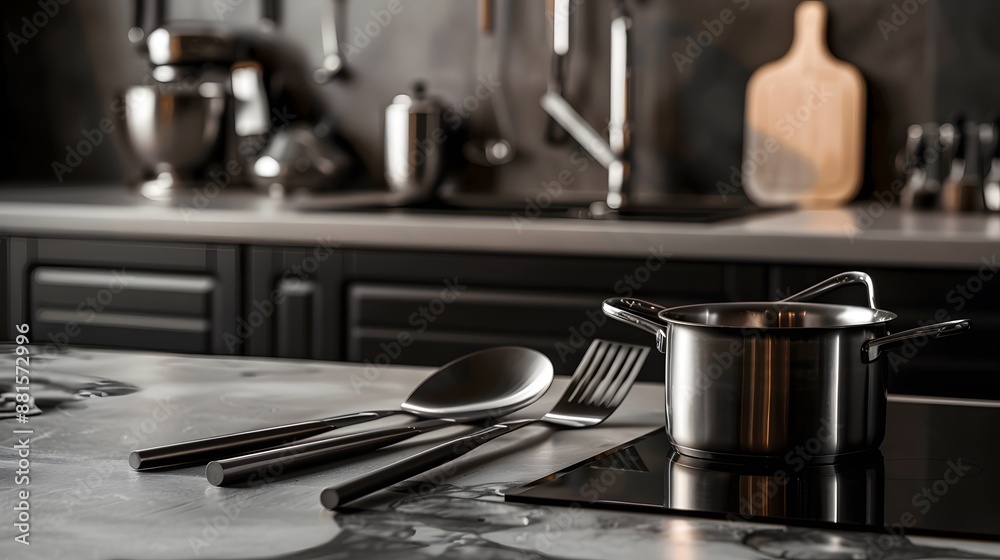 Metal cooking utensils on table. Metal cooking utensils on table.