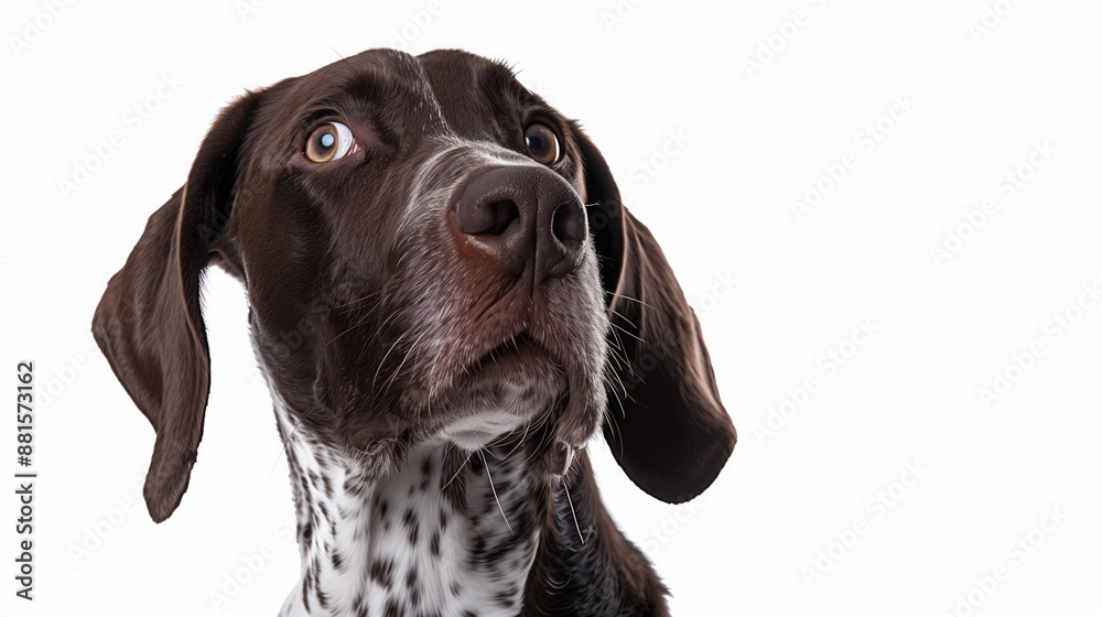 A close-up headshot of a German Shorthaired_Pointer on a white background, showcasing its expressive eyes, dog, fluffy fur, friendly, cute, mans best friend A close-up headshot of a German Shorthaired_Pointer on a white background, showcasing its expressive eyes, dog, fluffy fur, friendly, cute, mans best friend