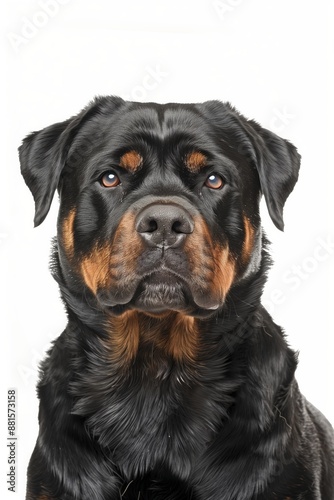A close-up headshot of a Rottweiler on a white background, showcasing its expressive eyes, dog, fluffy fur, friendly, cute, mans best friend